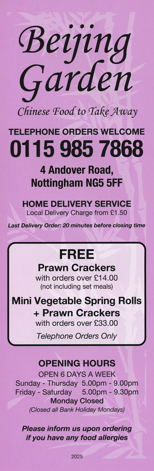 Menu for Beijing Garden Chinese takeaway and delivery on Andover Road in Nottingham