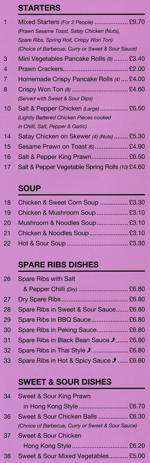 Menu for Beijing Garden - Spare Ribs with Salt & Pepper Chilli, Satay Chicken on Skewer, Crispy Aromatic Duck, Sesame Prawn on Toast, Sweet & Sour Chicken Balls..