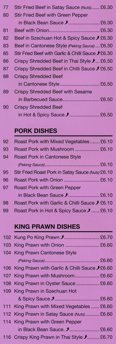 Menu for Beijing Garden - Roast Pork in Cantonese Style, Singapore Beef, Kung Po King Prawn, Crispy Pork with Sesame in Barbequed Sauce..