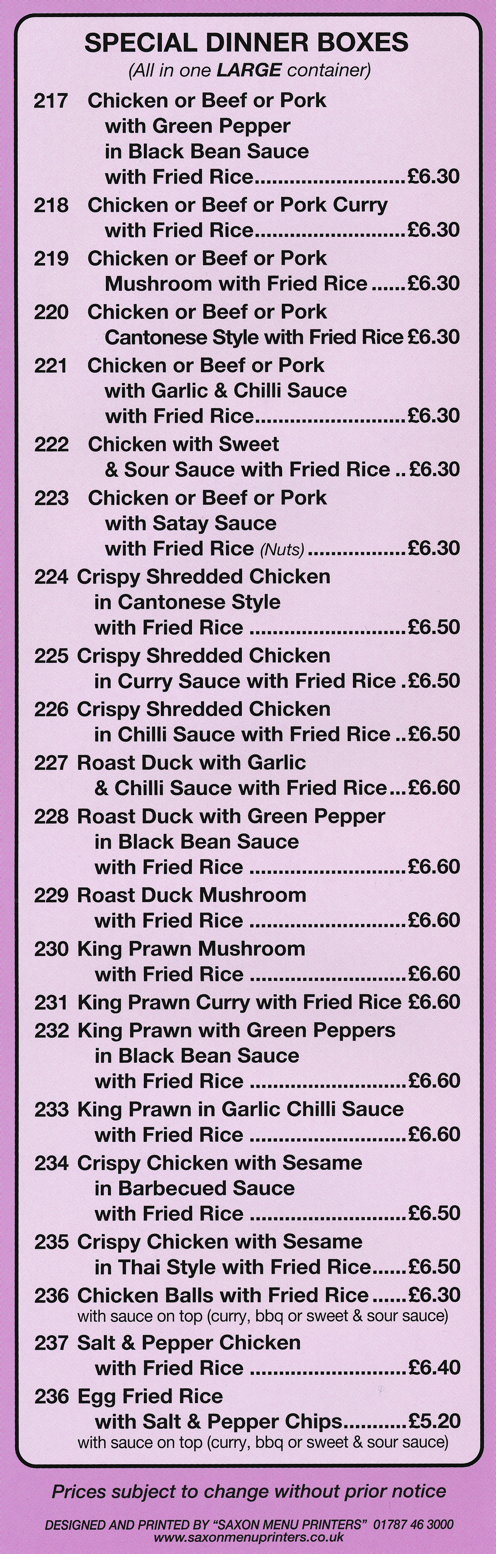 Menu for Beijing Garden Chinese takeaway in Nottingham - Special Dinner Boxes