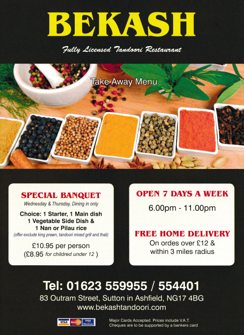 Takeaway and delivery menu for Bekash on Outram Street in Sutton-In-Ashfield NG17 4BG