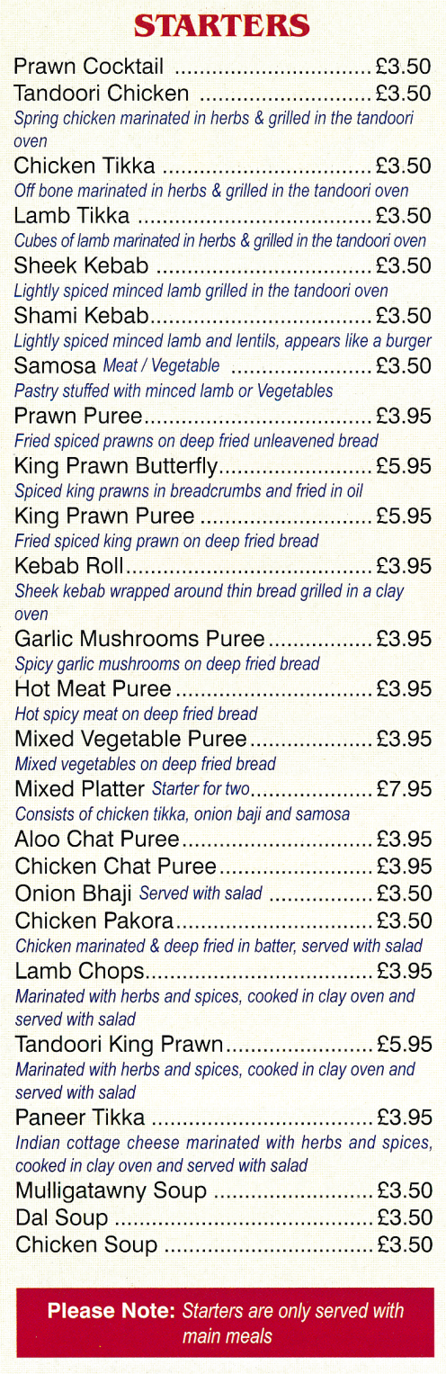 Takeaway menu for Bekash Tandoori (Tandoori Chicken, Sheek Kebab, Somosa, King Prawn Butterfly, Kebab Roll, Aloo Chat, Shami Kebab..)