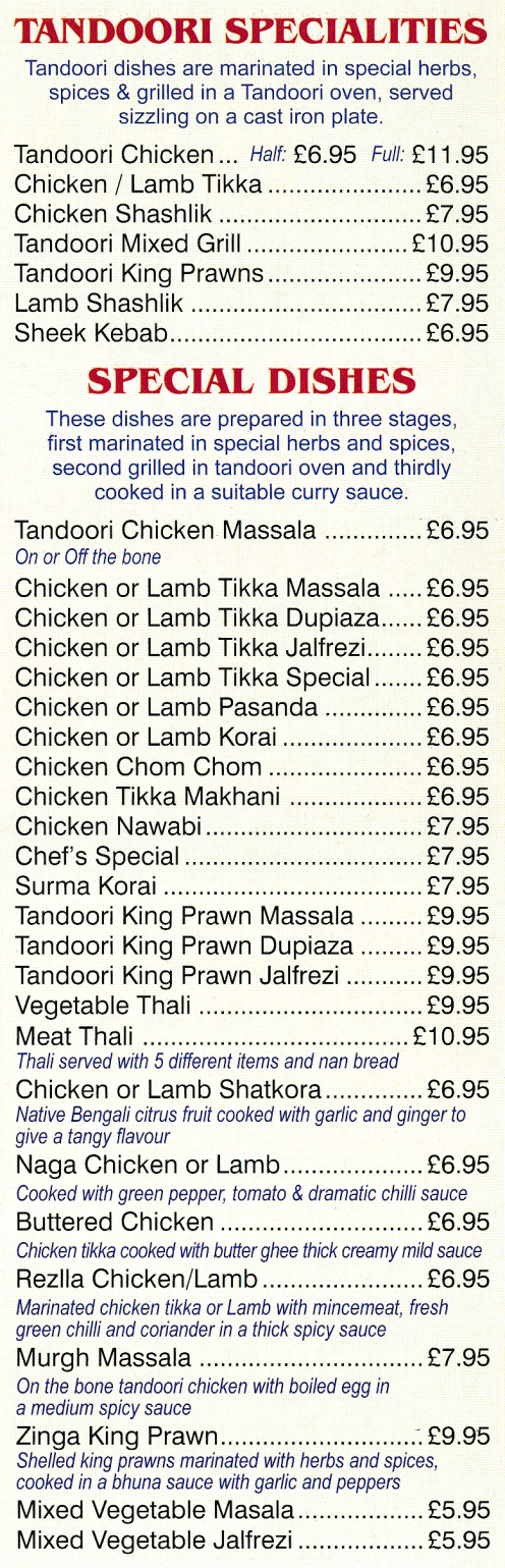 Takeaway menu for Bekash Tandoori Restaurant on Outram Street in Sutton-In-Ashfield