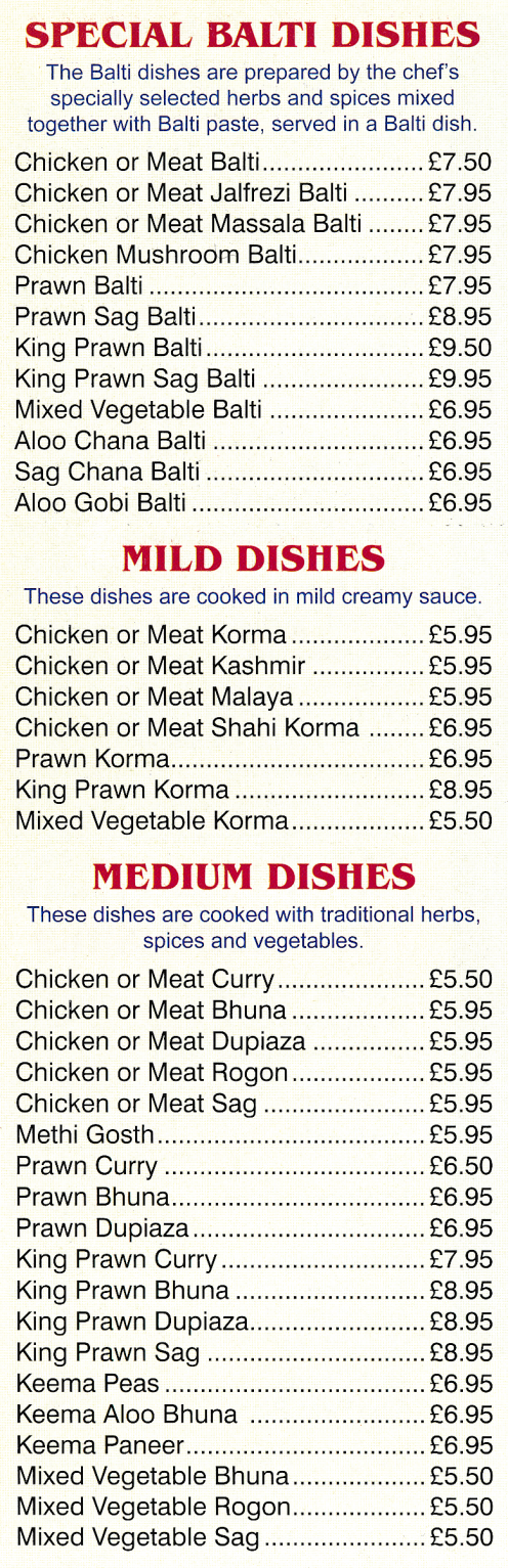Takeaway menu for Bekash Tandoori Restaurant in Sutton-In-Ashfield