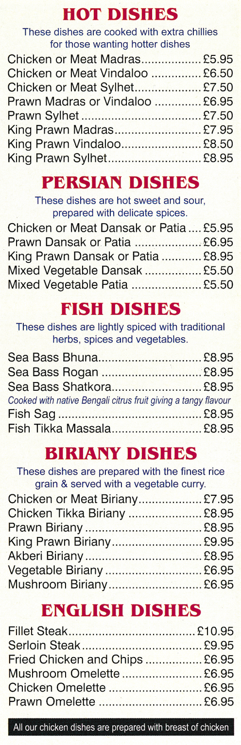 Takeaway menu for Bekash Tandoori (Balti, Biryani, Tikka, Bhuna, Madras, Vindaloo, Malaya, Korma..)