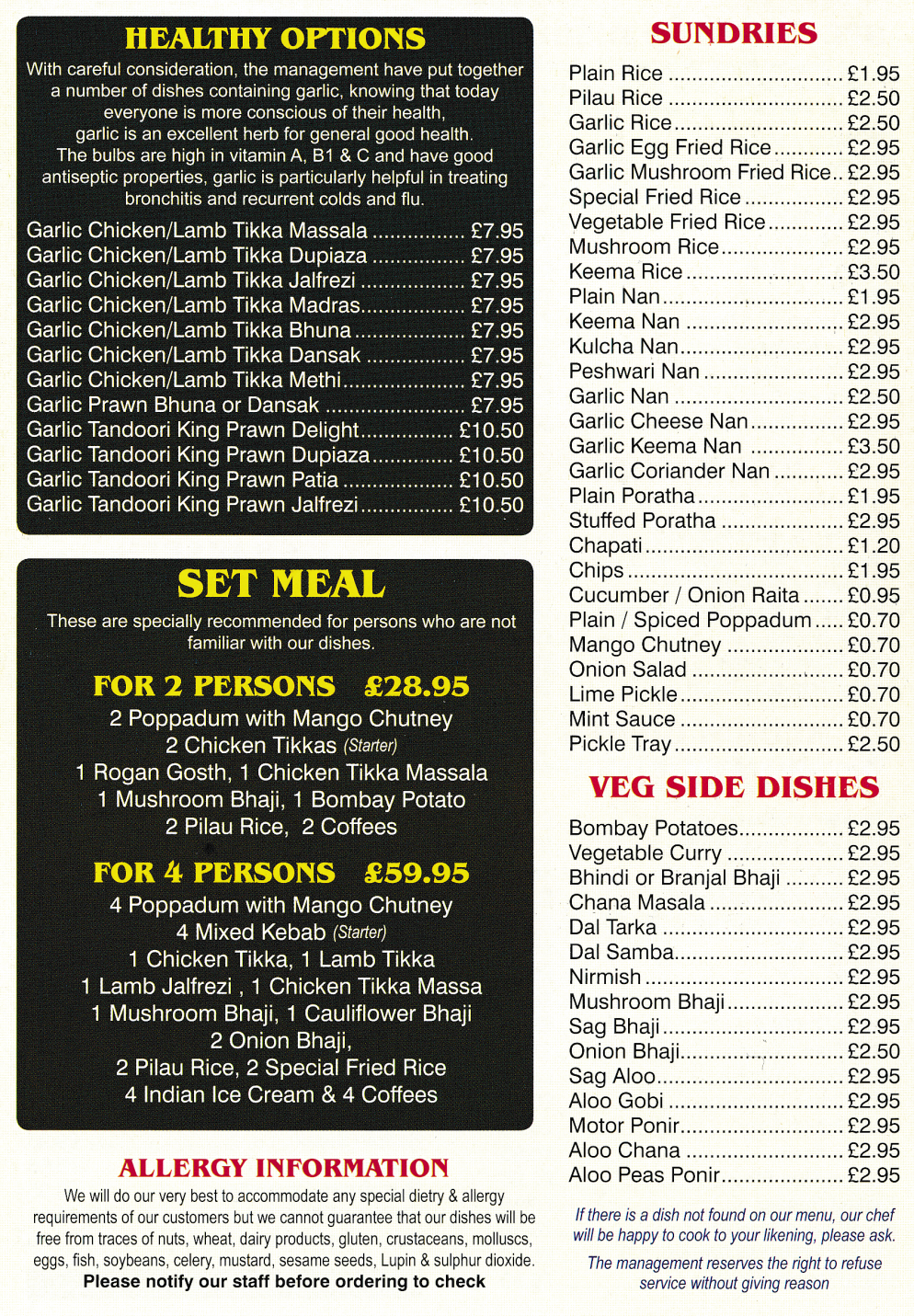 Takeaway menu for Bekash Tandoori in Sutton-In-Ashfield