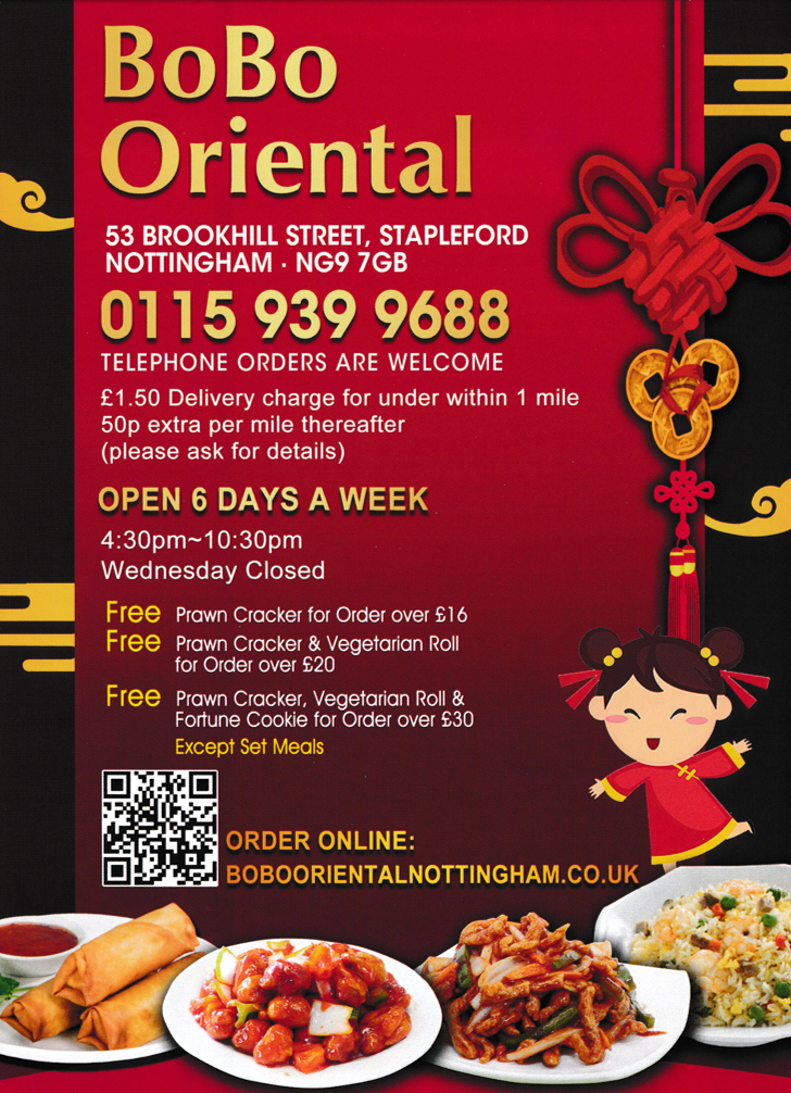 Menu for BoBo Oriental Chinese takeaway on Brookhill Street, Stapleford, Nottinghamshire NG9 7GB