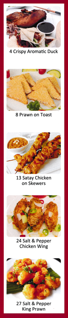 Photos of Crispy Aromatic Duck, Prawn on Toast, Satay Chicken on Skewers, Salt & Pepper Chicken Wings, Salt & Pepper King Prawns - All available at BoBo Oriental in Stapleford