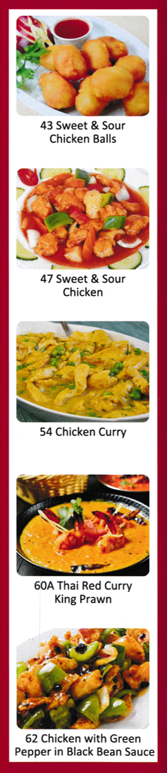 Photos of some of the Chinese dishes available at BoBo Oriental in Stapleford - Sweet & Sour Chicken Balls, Chicken Curry, Thais Reds Curry King Orawn, Chicken with Green Pepper in Black Bean Sauce..