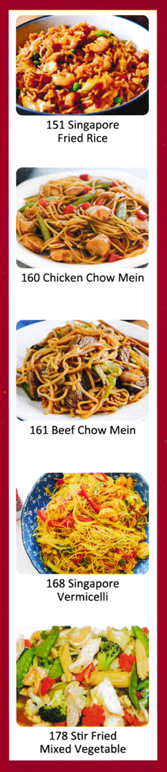 Photos of some of the Chinese dishes available at BoBo Oriental in Stapleford - Singapore Vermicelli, Chicken Chow Mein, Beef Chow Mein, Stir Fried Mixed Vegetables, Singapore Fried Rice..