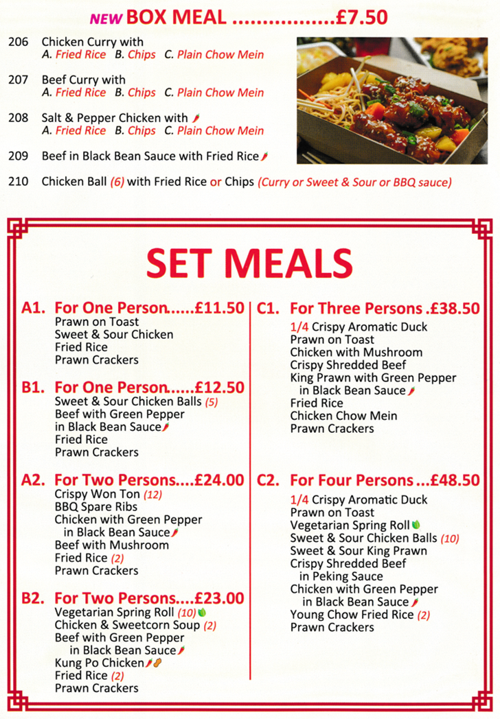 Menu for BoBo Oriental Chinese takeaway in Stapleford near Nottingham - Box Meals and Set Meals