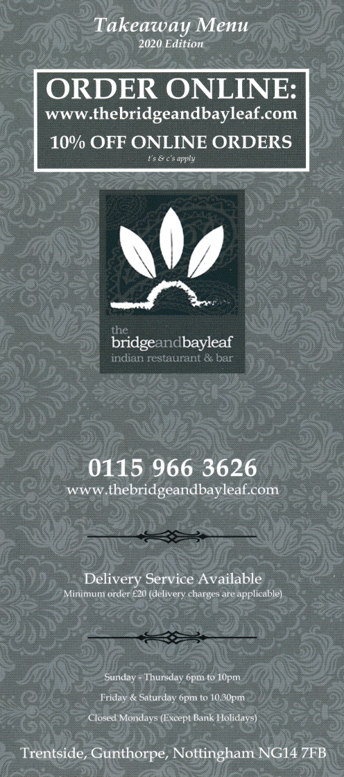 Takeaway menu for The Bridge & Bayleaf Indian restaurant in Gunthorpe near Nottingham