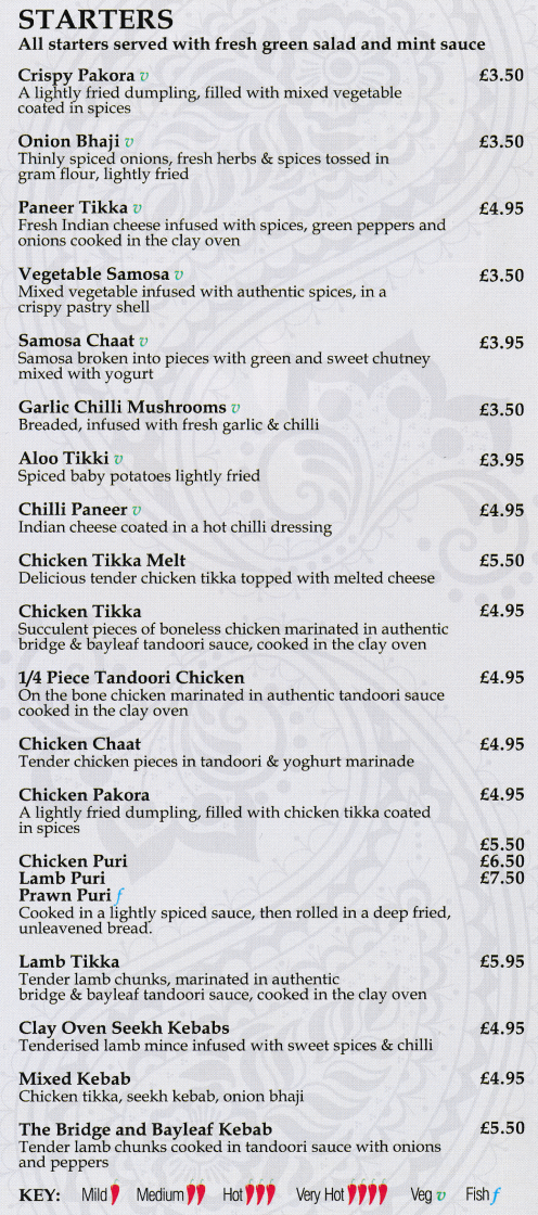 Takeaway menu for The Bridge & Bayleaf - Onione Bhaji, Chicken Tikka, Mixed Kebab, Chicken Puri, Aloo Tikki, Chicken Chaat..