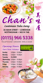 Menu for Chan's Cantonese cuisine takeaway on Main Street in Lowdham NG14 7AB