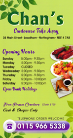 Menu for Chan's Cantonese cuisine takeaway on Main Street in Lowdham NG14 7AB