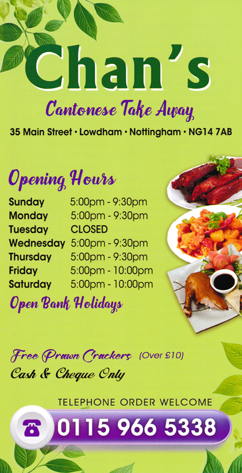 Menu for Chan's Cantonese and Chinese food takeaway in Lowdham near Nottingham