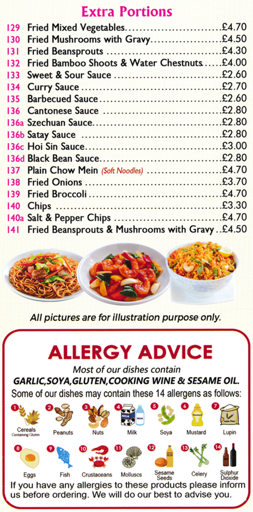 Menu for Chan's Chinese and Cantonese food takeaway on Main Street in Lowdham, Nottinghamshire NG14 7AB