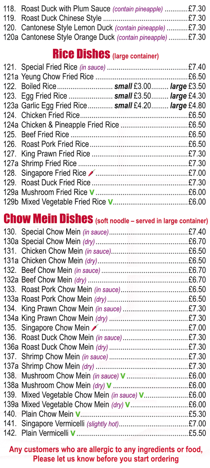 Menu for China City in Eastwood - dishes include; Beef Chow Mein, Singapore Fried Rice, Cantonese Style, Orange Duck, Roast Duck with Plum Sauce, Singapore Vermicelli..