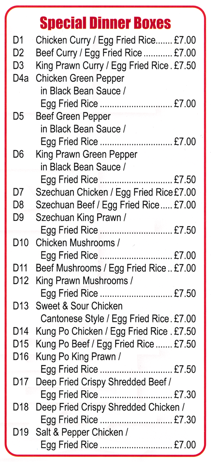Menu for China City in Eastwood - Special Dinner Boxes
