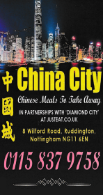 Menu for China City Chinese takeaway on Wilford Road in Ruddington NG11 6EN
