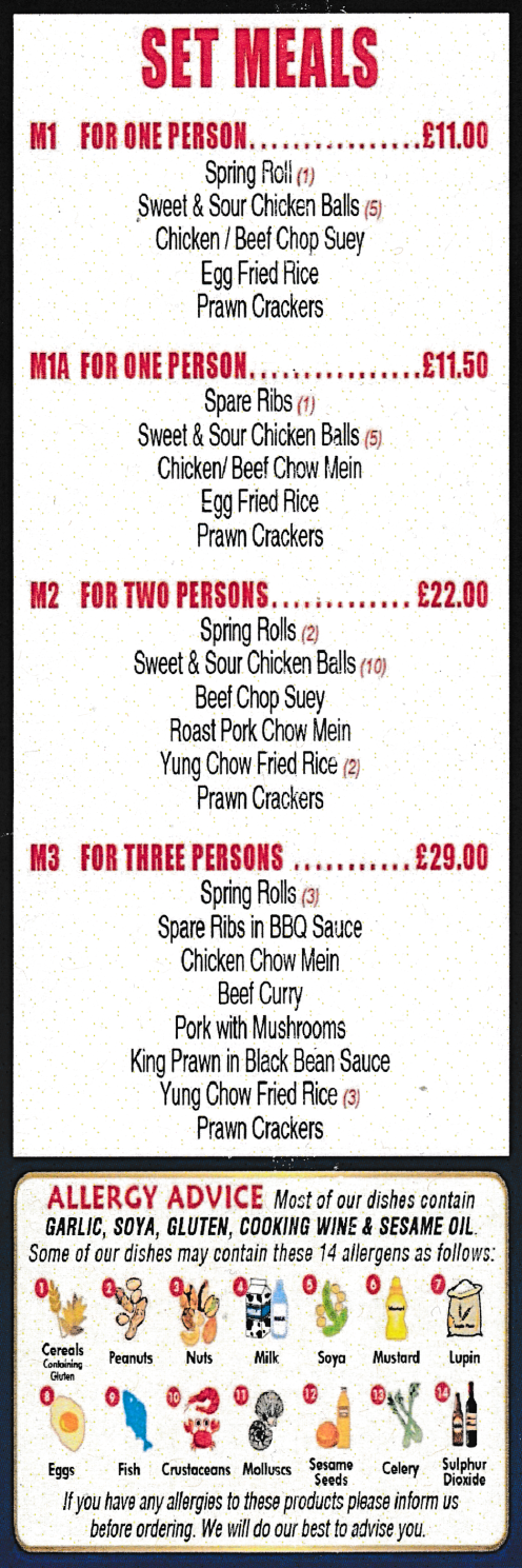 Menu for China City Chinese food takeaway in Ruddington - Set Meals