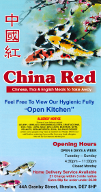 Menu for China Red Chinese takeaway in Ilkeston, Derbyshire DE7 8HP