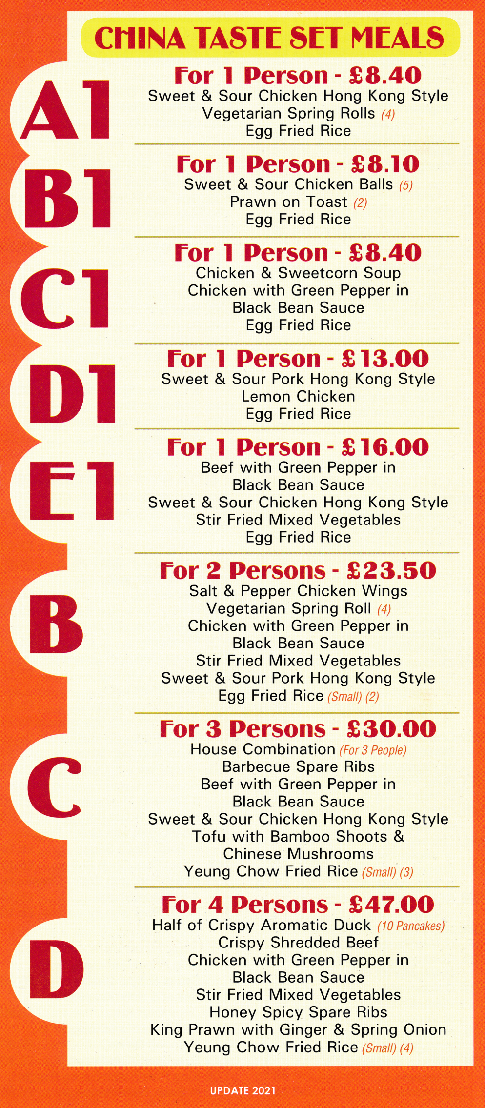 Menu for China Town Chinese and Thai food takeaway on Mansfield Road, Nottingham NG1 3FR