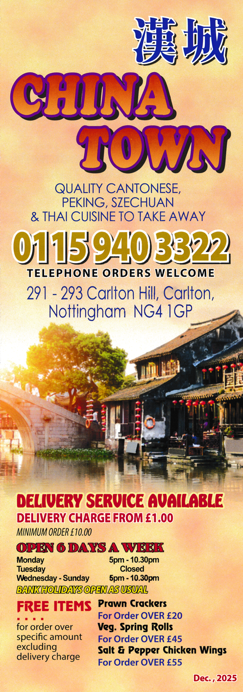 Menu for China Town Chinese, Cantonese, Peking and Thai food takeaway and delivery in Carlton, Nottingham