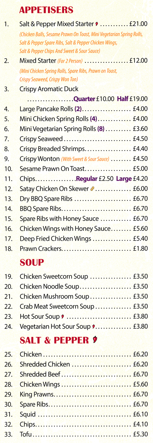 Menu for China Town Chinese takeaway in Carlton - dishes include; Crsipy Seaweed, Spare Ribs with Honey Sauce, Satay Chicken on Skewers, Crispy Aromatic Duck, Large Pancake Roll, Salt & Pepper Squid..