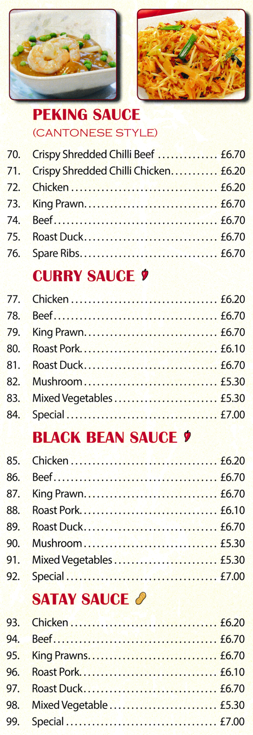 Menu for China Town Chinese takeaway in Carlton - dishes include; Crispy Shredded Chilli Beef Peking Sauce Cantonese Style, King Prawns in Curry Sauce, Beef with Black Bean Sauce, Roast Duck in Satay Sauce..