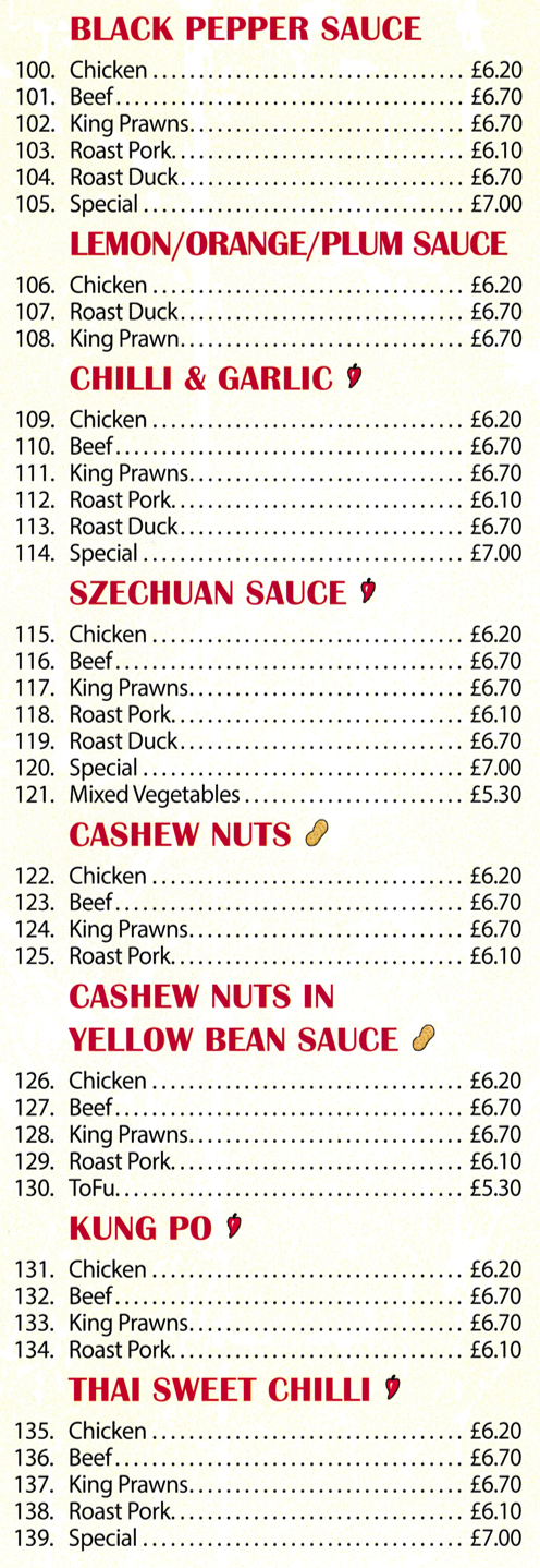 Menu for China Town Chinese takeaway in Carlton - dishes include; Chicken in Lemon Sauce, Roast Pork with Black Pepper Sauce, Chicken in Szechuan Sauce, Kung Po Beef, Thai Sweet Chilli King Prawns, Beef with Cashew Nuts in Yellow Bean Sauce..