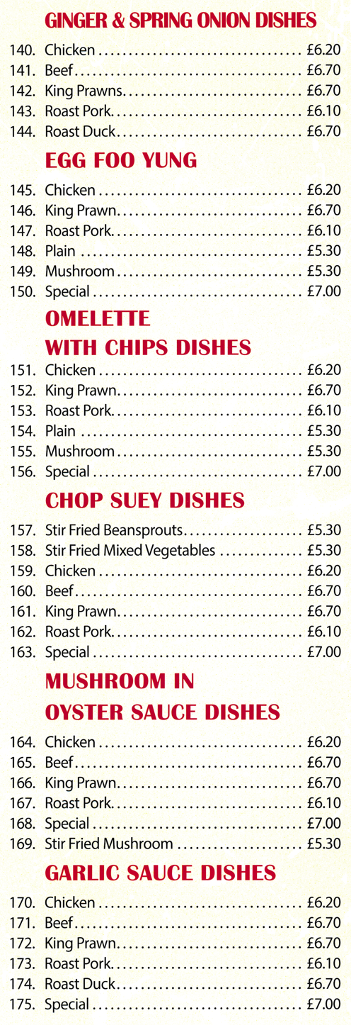Menu for China Town Chinese takeaway in Carlton - dishes include; Mushroom Egg Foo Yung, Roast Duck with Ginger & Spring Onions, Beef with Garlic Sauce, Chicken with Mushrooms in Oyster Sauce, Chicken Egg Foo Yung..