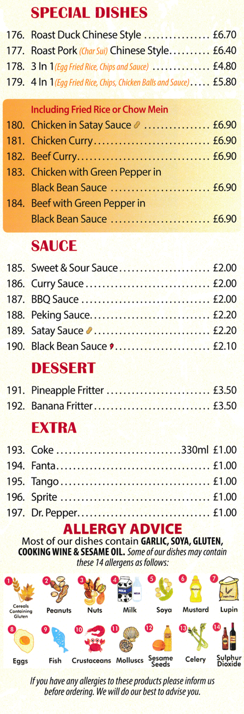 Menu for China Town Chinese takeaway in Carlton - dishes include; Roast Duck Chinese Style, Roast Pork Char Sui Chinese Style, Banana Fritter, Beef with Green Pepper in Black Bean Sauc, 3 in 1 Dishes..