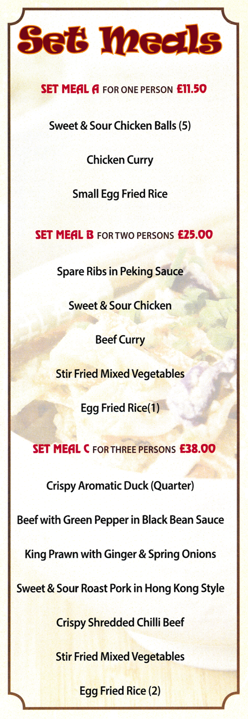 Menu for China Town Chinese, Cantonese, Peking and Thai food takeaway on Carlton Hill in Nottingham