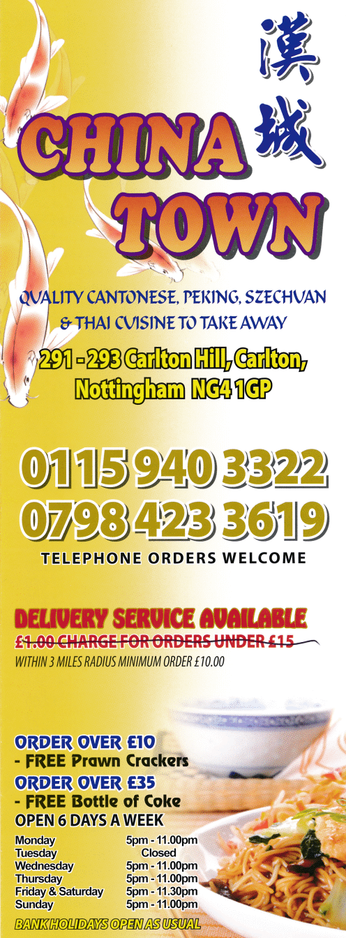 Menu for China Town Chinese, Cantonese, Peking and Thai food takeaway and delivery in Carlton, Nottingham