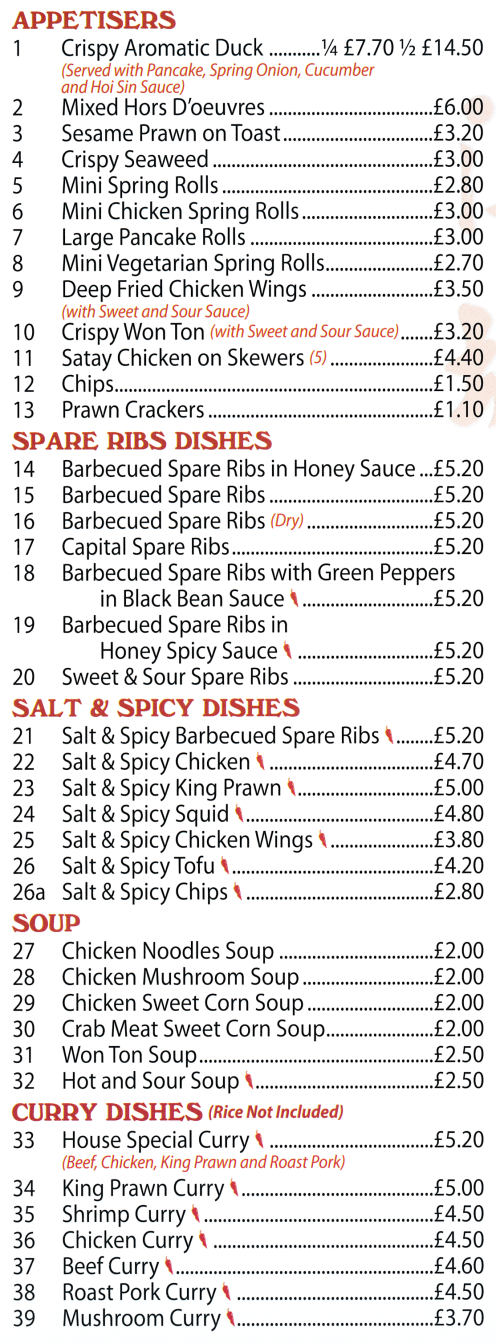 Menu for China Town Chinese takeaway (Appetisers, Spare Ribs, Salt & Spicy, Sous, Curry dishes)