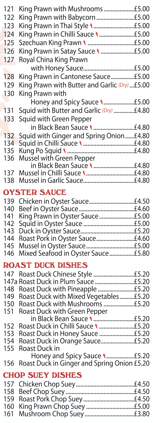 Menu for China Town Chinese takeaway (Seafood, Oyster Sauce, Roast Duck, Chop Suey dishes..)