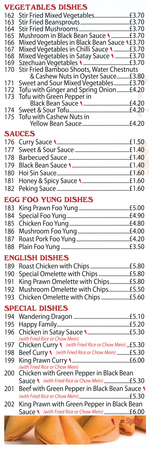 Menu for China Town (Squid in Oyster Sauce, Special Foo Yung, King Prawn in Cantonese Style, Wandering Dragon, Roast Duck in Chilli Sauce..)