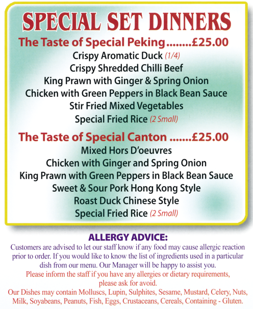 Menu for China Town Chinese takeaway and delivery in Carlton near Nottingham