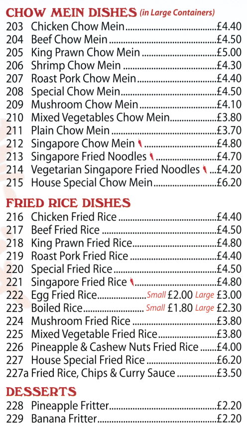 Menu for China Town (Singapore Chow Mein, Mushroom Fried Rice, Szechuan Chicken, Roast Duck Chinese Style, Chicken Chop Suey, Beef in Satay Sauce..)