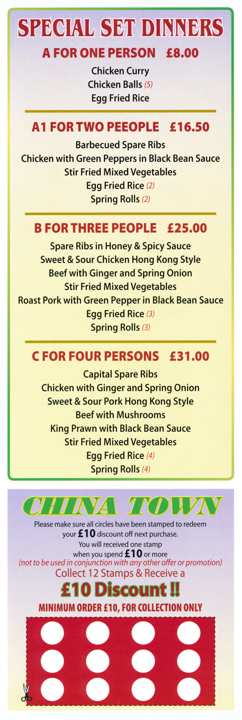 Menu for China Town Chinese takeaway and delivery in Carlton near Nottingham