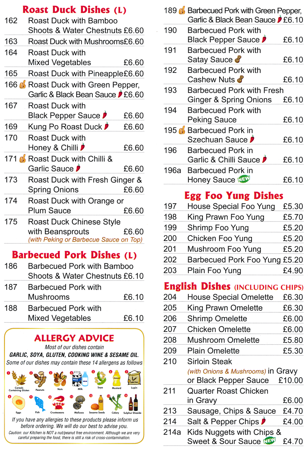 Menu for Classic Canton Chinese takeaway (Mushroom Foo Yung, Barbequed Pork with Peking Sauce, Roast Duck with Honey and Chilli..)