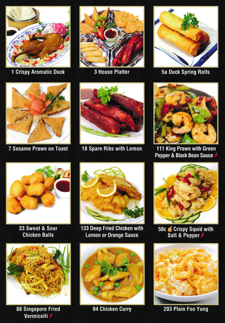 Menu for Classic Canton - Chinese & Cantonese meals to takeaway. Pics of Chinese meals.. Sesame Prawn on Toast, Spare Ribs with Lemon, Duck Spring Rolls, Crispy Aromatic Duck, Sweet & Sour Chicken Balls, Deep Fried Chicken with Lemon Sauce..
