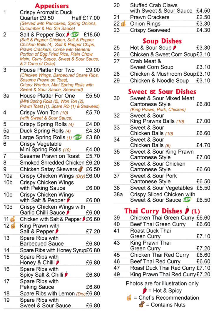 Menu for Classic Canton - Sweet & Sour, Thai Red or Green Curry, Sesame Prawn on Toast, Duck Spring Roll, Crispy Seaweed..
