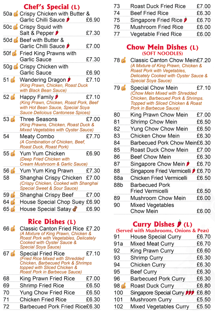 Menu for Classic Canton - Wandering Dragon, Happy Family, Three Seasons, Yum Yum Chicken, Shanghai Crispy Beef, Yung Chow..
