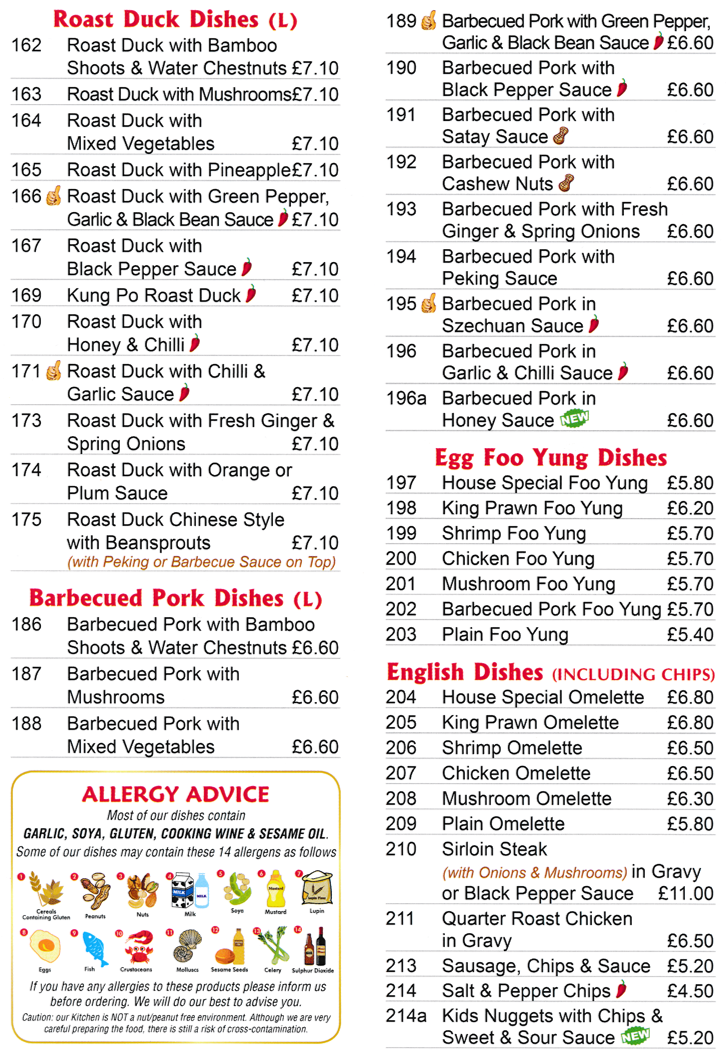 Menu for Classic Canton - Kung Po, Chow Mein, Chop Suey, Egg Foo Yung, Oyster Sauce dishes..