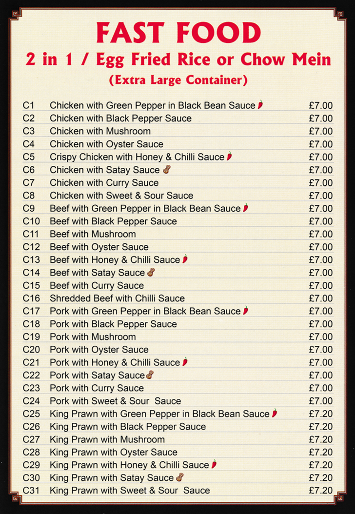 Menu for Classic Canton Chinese and Cantonese food takeaway in Kirkby In Ashfield near Nottingham