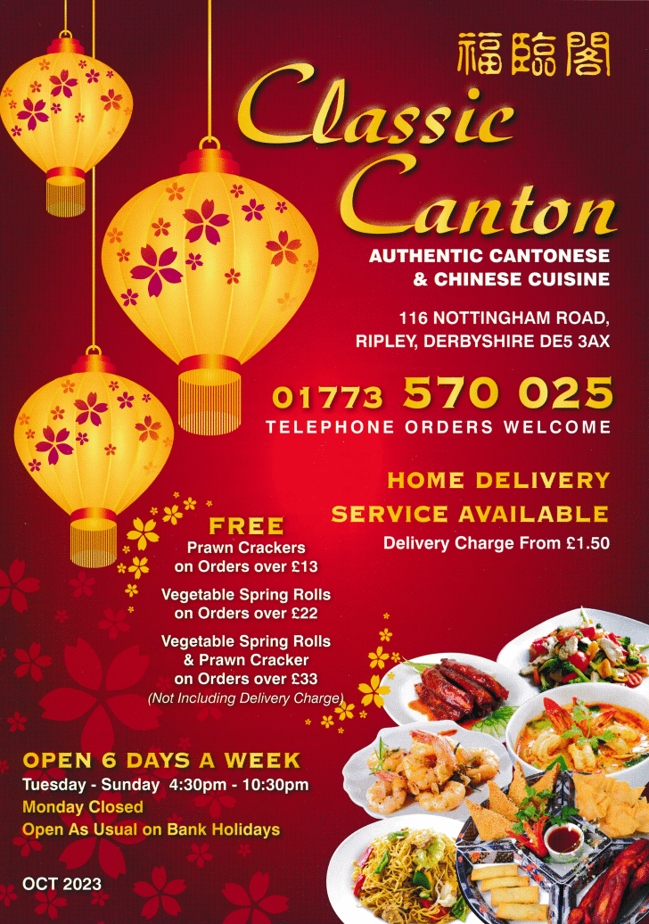 Menu for Classic Canton Chinese takeaway on Nottingham Road in Ripley, Derbyshire DE5 3AX
