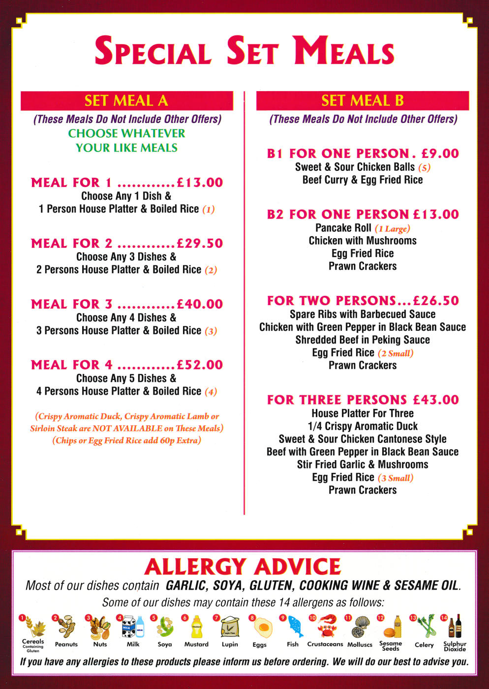 Menu for Classic Canton Chinese takeaway on Nottingham Road in Ripley, Derbyshire DE5 3AX - Set Meals