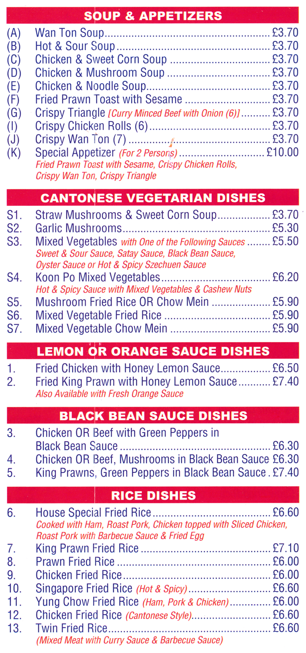 Menu for Classic Canton - Fried Chicken with Honey Lemon Sauce, Wan Ton Soup, Singapore Fried Rice, Fried Prawn Toast with Sesame..